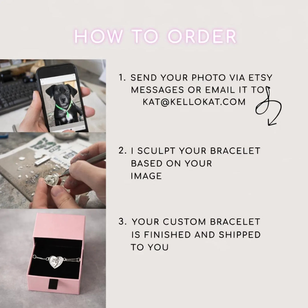 Custom Pet or Person Portrait Bracelet | Handmade Sterling Silver Heart Bracelet From Your Photo